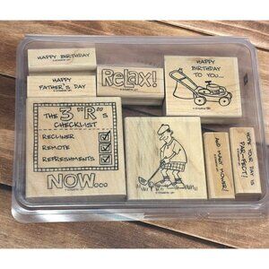 STAMPIN' UP! AND MANY MORE WOOD MOUNT RUBBER STAMP SET OF 8 FATHERS DAY BIRTHDAY